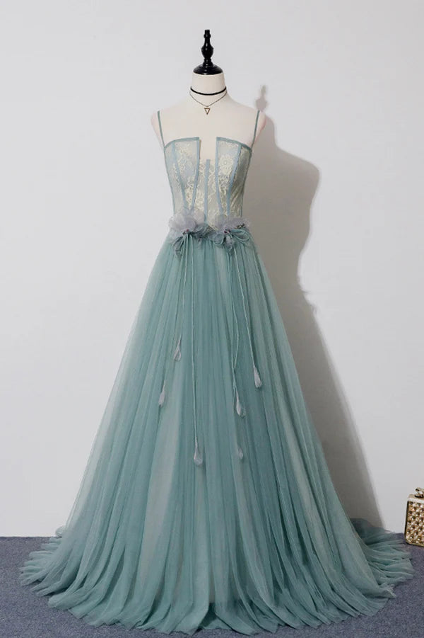 Wholesale Green Tulle Lace Long A-Line Prom Dress Spaghetti Strap Evening Dress